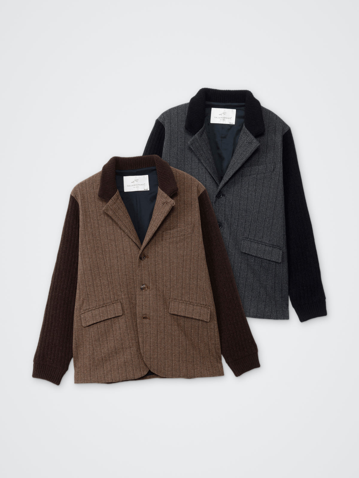 袖ニットドッキングジャケット(ヘリンボーン柄) カラー展開(BLACK・BROWN)