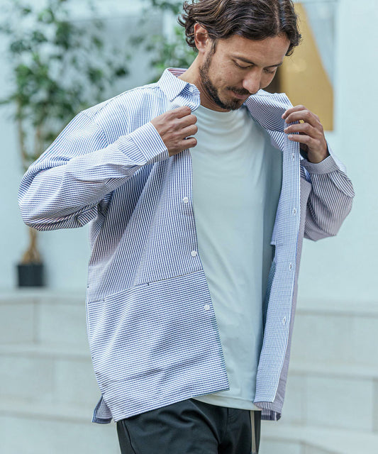 シアサッカー/長袖ロールアップシャツ(ストライプ)