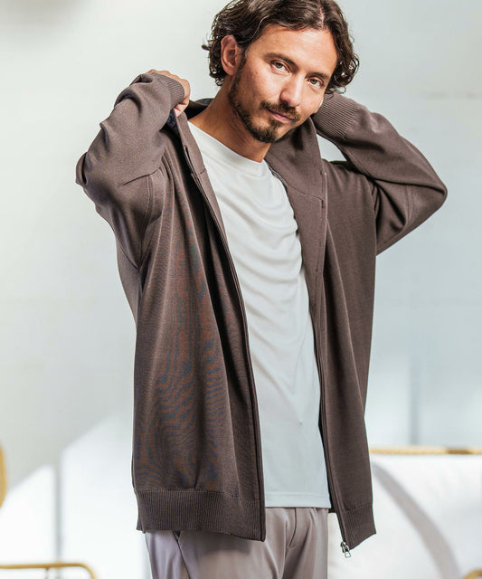 ジャガードリブ長袖ジップニットパーカー