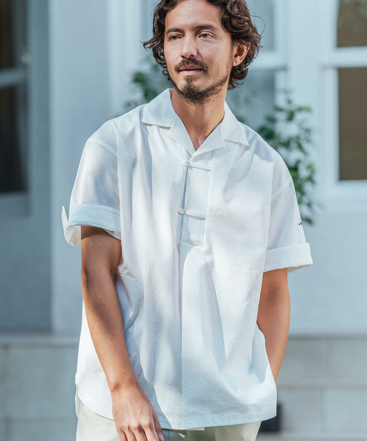 シアサッカー/ハーフボタン半袖シャツ