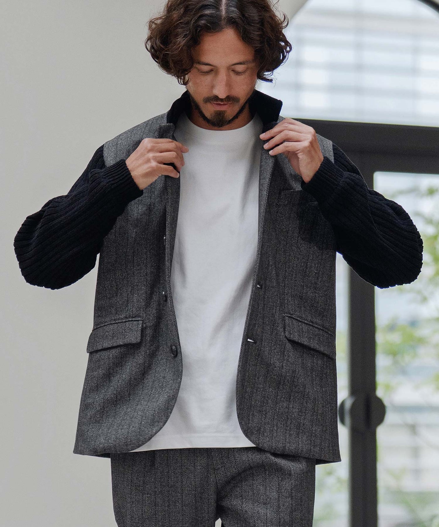 袖ニットコンビジャケット(ヘリンボーン)