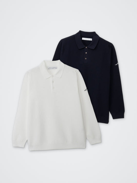 鹿子編み長袖ニットポロ カラー展開(NAVY・WHITE)