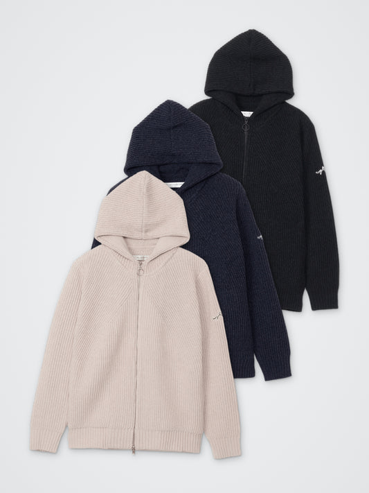 SAISENTAKU/変形両畦編みニットZIPパーカー カラー展開(BLACK・NAVY・BEIGE)